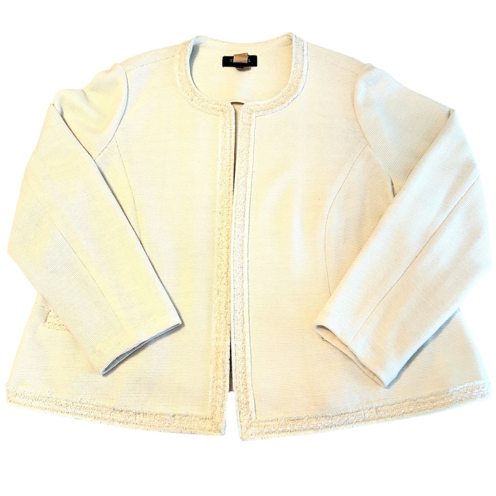 Talbots Ivory Textured Jacket 2X | Fringe Trim Open Front | Classic Winter White